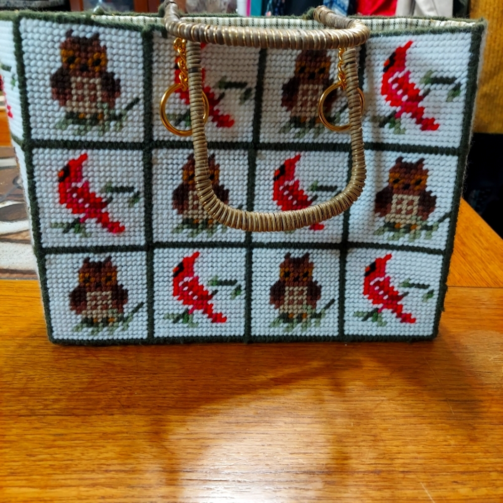 Cross stitch bird purse tote owls cardinals cottage core vintage homemade